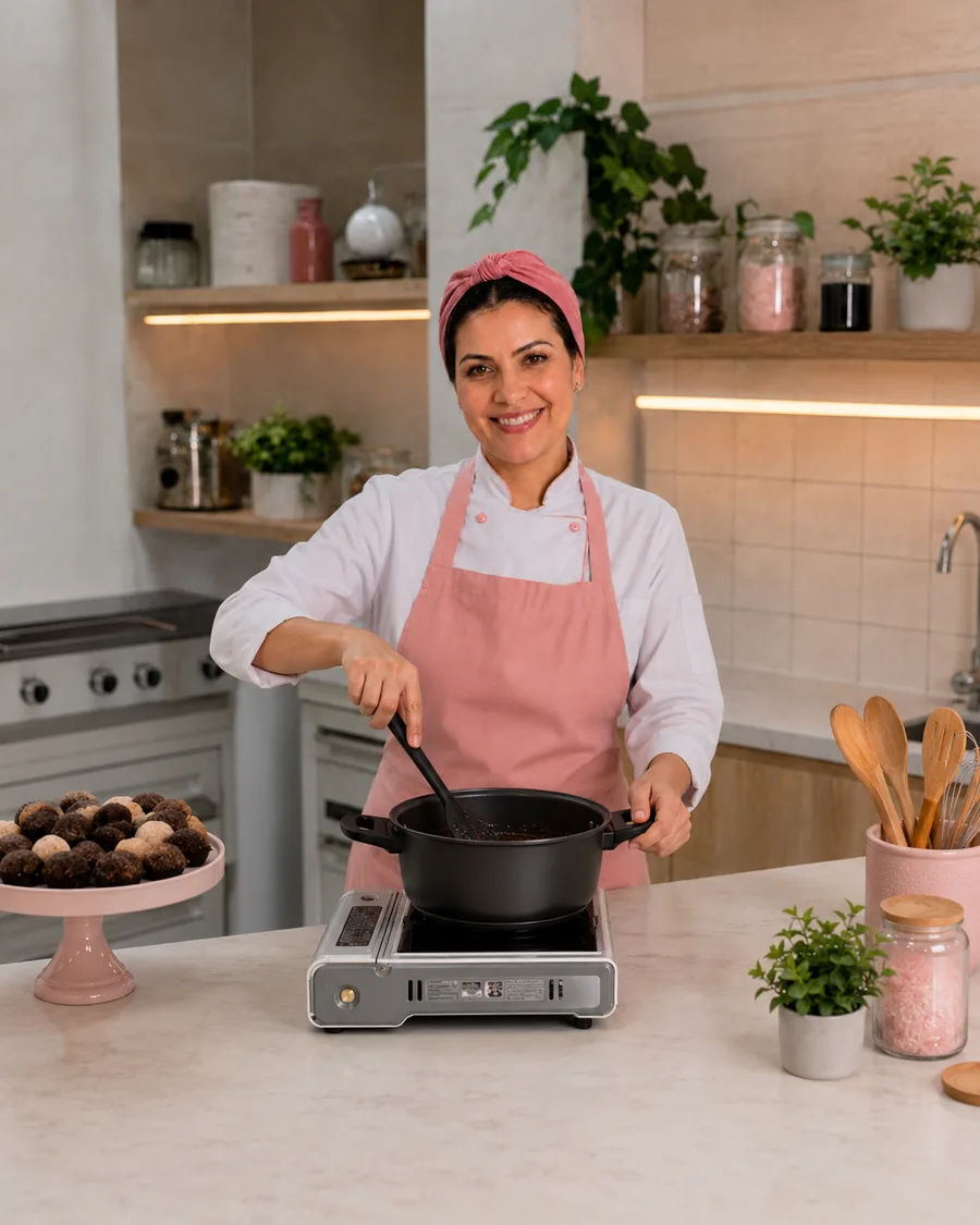 Confeiteira preparando brigadeiros gourmet na cozinha
